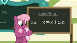 Size: 1280x720 | Tagged: safe, edit, edited screencap, screencap, character:cheerilee, episode:the cart before the ponies, g4, my little pony: friendship is magic, cheerilee's blackboard, exploitable meme, image macro, math, math problem, meme, pun, she wants the d, visual gag