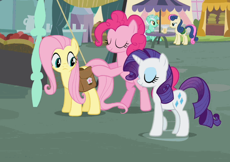 Size: 731x516 | Tagged: safe, edit, edited screencap, screencap, character:bon bon, character:fluttershy, character:lyra heartstrings, character:pinkie pie, character:rarity, character:sweetie drops, species:earth pony, species:pegasus, species:pony, species:unicorn, episode:putting your hoof down, g4, my little pony: friendship is magic, animated, female, gif, loop, mare, pushing, rump push, saddle bag