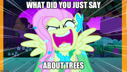 Size: 800x450 | Tagged: safe, edit, edited screencap, screencap, character:fluttershy, episode:the best night ever, g4, my little pony: friendship is magic, angry, clothing, dress, female, flutterrage, fluttertree, gala dress, i'd like to be a tree, image macro, meme, solo, spread wings, tree, wings, yelling