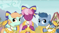 Size: 1280x720 | Tagged: safe, edit, edited screencap, screencap, character:cheerilee, character:peach fuzz, species:pony, episode:the cart before the ponies, g4, my little pony: friendship is magic, bipedal, cheeribetes, cheerileeder, cheerleader, cheerleader outfit, clothing, crossdressing, cute, diapeaches, eyes closed, foal, hair bow, perky prep, pleated skirt, skirt, trio