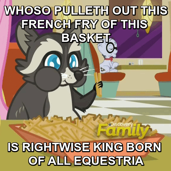 Size: 573x576 | Tagged: safe, edit, edited screencap, screencap, character:mr. waddle, episode:the saddle row review, g4, my little pony: friendship is magic, animated, caption, cropped, discovery family logo, food, french fries, hay fries, image macro, king arthur, loop, meme, raccoon, sir thomas malory, smoky jr.