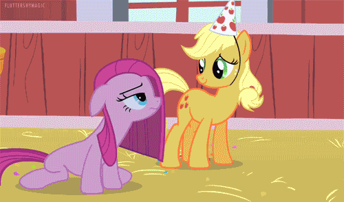Size: 500x294 | Tagged: safe, edit, edited screencap, screencap, character:applejack, character:fluttershy, character:pinkamena diane pie, character:pinkie pie, character:rarity, species:earth pony, species:pegasus, species:pony, species:unicorn, episode:party of one, g4, my little pony: friendship is magic, animated, barn, clothing, female, gif, hat, image macro, mare, meme, party hat, reaction image, why