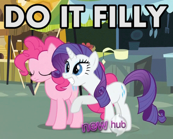 Size: 600x481 | Tagged: safe, edit, edited screencap, screencap, character:pinkie pie, character:rarity, species:earth pony, species:pony, species:unicorn, episode:putting your hoof down, g4, my little pony: friendship is magic, animated, encouraging, female, hub logo, image macro, mare, nodding