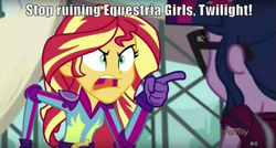 Size: 619x333 | Tagged: safe, edit, edited screencap, screencap, character:sunset shimmer, character:twilight sparkle, character:twilight sparkle (scitwi), species:eqg human, equestria girls:friendship games, g4, my little pony: equestria girls, my little pony:equestria girls, angry, caption, image macro, meme, mouthpiece, pointing, sunset yells at twilight, yugioh abridged
