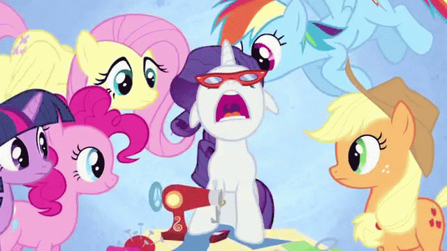 Size: 640x360 | Tagged: safe, edit, edited screencap, screencap, character:applejack, character:fluttershy, character:pinkie pie, character:rainbow dash, character:rarity, character:twilight sparkle, episode:suited for success, g4, my little pony: friendship is magic, animated, art of the dress, eat the camera, floppy ears, glasses, mane six, nose in the air, open mouth, reversed, sewing machine, singing, uvula, uvula shaking, volumetric mouth, zoom out, zoomed in
