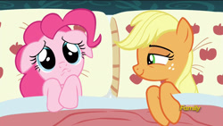 Size: 1920x1080 | Tagged: safe, edit, edited screencap, screencap, character:applejack, character:pinkie pie, /mlp/, ship:applepie, episode:28 pranks later, g4, my little pony: friendship is magic, 4chan, applejack's bed partner, bed, exploitable meme, floppy ears, implied lesbian, meme, pillow, shipping