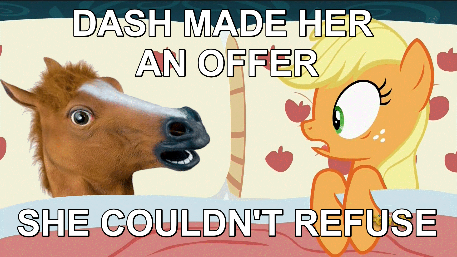 Size: 1920x1080 | Tagged: safe, edit, edited screencap, screencap, character:applejack, episode:28 pranks later, g4, my little pony: friendship is magic, applejack's bed partner, bed, caption, discovery family logo, exploitable meme, hoers, hoers mask, horse, image macro, irl, meme, photo, photoshop, pillow, the godfather