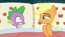 Size: 1280x720 | Tagged: safe, edit, edited screencap, screencap, character:applejack, character:spike, ship:applespike, episode:28 pranks later, g4, my little pony: friendship is magic, applejack's bed partner, bed, bedroom eyes, discovery family logo, exploitable meme, female, male, meme, pillow, shipping, spike gets all the mares, straight, surprised