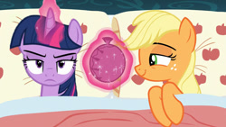 Size: 960x540 | Tagged: safe, edit, edited screencap, screencap, character:applejack, character:twilight sparkle, ship:twijack, episode:28 pranks later, episode:applejack's day off, g4, my little pony: friendship is magic, applejack's bed partner, bed, exploitable meme, female, lesbian, meme, pillow, shipping, whoopee cushion