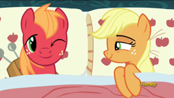 Size: 1920x1080 | Tagged: safe, edit, edited screencap, screencap, character:applejack, character:big mcintosh, species:earth pony, species:pony, ship:applemac, episode:28 pranks later, g4, my little pony: friendship is magic, and that's how apple bloom was made, applecest, applejack's bed partner, bed, brother and sister, exploitable meme, implied applecest, implied applemac, implied incest, incest, male, meme, pillow, shipping, stallion, straight
