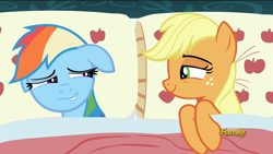 Size: 1920x1080 | Tagged: safe, edit, edited screencap, screencap, character:applejack, character:rainbow dash, species:earth pony, species:pegasus, species:pony, ship:appledash, episode:28 pranks later, g4, my little pony: friendship is magic, applejack's bed partner, bed, bedroom eyes, discovery family, discovery family logo, exploitable meme, female, lesbian, lip bite, meme, on bed, pillow, shipping, watermark