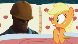Size: 1280x720 | Tagged: safe, edit, edited screencap, screencap, character:applejack, species:human, episode:28 pranks later, g4, my little pony: friendship is magic, 1000 years in photoshop, 3d, applejack's bed partner, bed, crossover, discovery family logo, engineer, exploitable meme, meme, pillow, sleeping, source filmmaker, team fortress 2