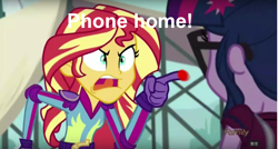 Size: 1280x687 | Tagged: safe, edit, edited screencap, screencap, character:sunset shimmer, character:twilight sparkle, character:twilight sparkle (scitwi), species:eqg human, equestria girls:friendship games, g4, my little pony: equestria girls, my little pony:equestria girls, angry, caption, e.t. the extra-terrestrial, exploitable meme, hilarious in hindsight, meme, phone home, pointing, sunset yells at twilight