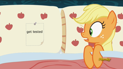 Size: 1920x1080 | Tagged: safe, edit, edited screencap, screencap, character:applejack, species:pony, episode:28 pranks later, g4, my little pony: friendship is magic, applejack's bed partner, bed, discovery family logo, exploitable meme, female, mare, meme, pillow, surprised