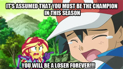 Size: 500x281 | Tagged: safe, edit, edited screencap, screencap, character:sunset shimmer, equestria girls:friendship games, g4, my little pony: equestria girls, my little pony:equestria girls, spoilers for another series, ash ketchum, caption, crossover, pokémon, pokémon x and y, sunset yells at twilight