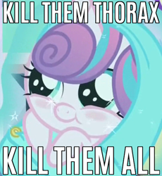 Size: 520x566 | Tagged: safe, edit, edited screencap, screencap, character:princess flurry heart, species:pony, episode:the times they are a changeling, g4, my little pony: friendship is magic, :t, baby, baby pony, blushing, caption, cute, dissonant caption, evil flurry heart, female, flurrybetes, image macro, implied thorax, kill them all, levitation, magic, meme, pure unfiltered evil, smiling, solo, telekinesis