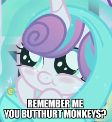 Size: 520x566 | Tagged: safe, edit, edited screencap, screencap, character:princess flurry heart, episode:the times they are a changeling, g4, my little pony: friendship is magic, blushing, butthurt, caption, cropped, cute, flurrybetes, image macro, meme, op is a duck, op is trying to start shit