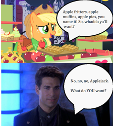 Size: 645x720 | Tagged: safe, edit, edited screencap, screencap, character:applejack, episode:the best night ever, g4, my little pony: friendship is magic, apple, apple cider (drink), apple fritter (food), babylon 5, clothing, crossover, cupcake, dress, food, gala dress, mr morden, offscreen character, this will end in tears, what do you want
