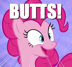 Size: 616x572 | Tagged: safe, edit, edited screencap, screencap, character:pinkie pie, butts, caption, excited, image macro, meme