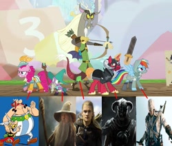 Size: 960x818 | Tagged: safe, edit, edited screencap, screencap, character:big mcintosh, character:discord, character:pinkie pie, character:rainbow dash, character:spike, species:pony, species:unicorn, episode:dungeons & discords, assassin's creed, assassin's creed iii, asterix, asterix and obelix, bard pie, captain wuzz, connor kenway, dovahkiin, dungeons and dragons, fantasy, gandalf, garbuncle, legolas, lord of the rings, meme, obelix, ogres and oubliettes, orlando bloom, race swap, rainbow rogue, sir mcbiggen, skyrim, the elder scrolls, unicorn big mac