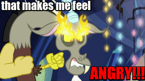 Size: 500x281 | Tagged: safe, edit, edited screencap, screencap, character:discord, episode:dungeons & discords, angry, animated, caption, fire, futurama, gif, great flaming eyebrows, image macro, male, meme, reaction image, red text, solo, that makes me feel angry, the devil's hands are idle playthings, twilight's castle