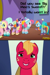 Size: 309x462 | Tagged: safe, edit, edited screencap, screencap, character:big mcintosh, character:rainbow dash, species:earth pony, species:pony, episode:dungeons & discords, big macintosh gets all the mares, caption, harem, male, out of context, stallion
