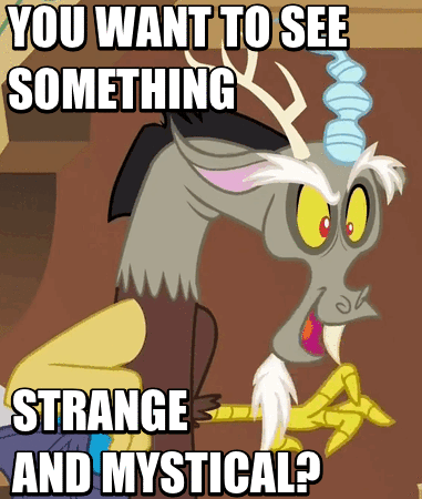 Size: 381x450 | Tagged: safe, edit, edited screencap, screencap, character:discord, episode:dungeons & discords, animated, caption, ear twitch, freakazoid, gif, image macro, male, meme, solo