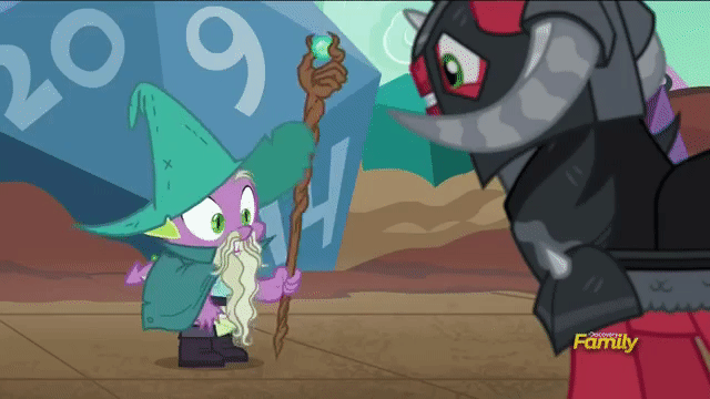 Size: 640x360 | Tagged: safe, edit, edited screencap, screencap, character:big mcintosh, character:rainbow dash, character:spike, species:earth pony, species:pony, species:unicorn, episode:dungeons & discords, episode:newbie dash, episode:the cutie re-mark, g4, my little pony: friendship is magic, animated, dungeons and dragons, filly, filly rainbow dash, garbuncle, gif, male, ogres and oubliettes, race swap, rainbow crash, rainbow trash, sir mcbiggen, staff, stallion, trash can, unicorn big mac