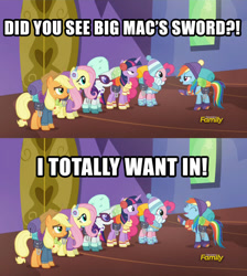 Size: 815x909 | Tagged: safe, edit, edited screencap, screencap, character:applejack, character:fluttershy, character:pinkie pie, character:rainbow dash, character:rarity, character:twilight sparkle, character:twilight sparkle (alicorn), species:alicorn, species:earth pony, species:pegasus, species:pony, species:unicorn, episode:dungeons & discords, caption, clothing, discovery family logo, eyes closed, female, implied rainbowmac, mane six, mare, out of context, text