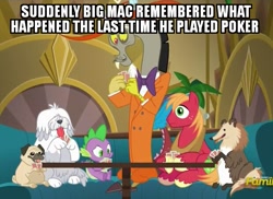 Size: 619x450 | Tagged: safe, edit, edited screencap, screencap, character:big mcintosh, character:discord, character:spike, species:dog, species:earth pony, species:pony, episode:dungeons & discords, caption, collie, cropped, dogs playing poker, image macro, male, meme, poker, pug, sheep dog, stallion, zoot suit