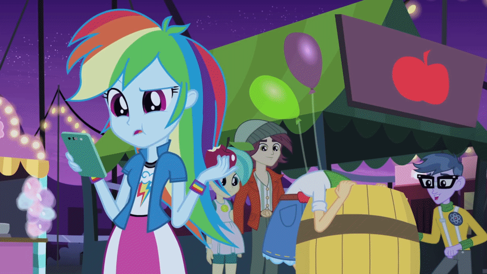 Size: 960x540 | Tagged: safe, edit, edited screencap, screencap, character:applejack, character:microchips, character:normal norman, character:rainbow dash, episode:a perfect day for fun, equestria girls:rainbow rocks, g4, my little pony: equestria girls, my little pony:equestria girls, animated, apple, chewing, eating, food, gif, tennis match