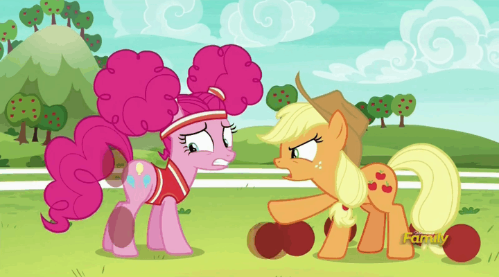 Size: 720x400 | Tagged: safe, edit, edited screencap, screencap, character:applejack, character:pinkie pie, episode:buckball season, g4, my little pony: friendship is magic, animated, bottomless, buckball, clothing, extreme speed animation, gif, it keeps happening, loop, partial nudity, pinktails pie