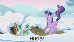 Size: 1280x738 | Tagged: safe, edit, edited screencap, screencap, character:twilight sparkle, character:twilight sparkle (unicorn), species:pony, species:unicorn, episode:winter wrap up, g4, my little pony: friendship is magic, animal, burrow, caption, female, flipped, hug, image macro, mare, meme, open mouth, ophidiophobia, raised tail, rupert, scared, screaming, skin horse, snake, snow, tail