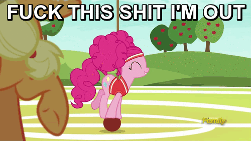 Size: 500x281 | Tagged: safe, edit, edited screencap, screencap, character:applejack, character:pinkie pie, species:earth pony, species:pony, episode:buckball season, g4, my little pony: friendship is magic, animated, apple, buckball, buckball uniform, caption, clothing, discovery family logo, duo, female, food, freckles, gif, i'm out, mare, pinkie being pinkie, pinktails pie, plot, reaction image, smiling, solo focus, vulgar