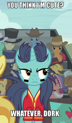 Size: 500x847 | Tagged: safe, edit, edited screencap, screencap, character:dark moon, character:graphite, character:slapshot, species:pony, species:unicorn, episode:buckball season, g4, my little pony: friendship is magic, angry, background pony, bonnie rose, caption, cropped, eye black (makeup), female, i'm not cute, image macro, mare, meme, not noteworthy, solo focus, unnamed pony