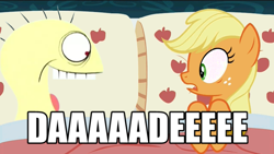Size: 800x450 | Tagged: safe, edit, edited screencap, screencap, character:applejack, episode:28 pranks later, g4, my little pony: friendship is magic, applejack's bed partner, bed, caption, cheese, exploitable meme, foster's home for imaginary friends, greatest internet moments, mac daddy, meme, pillow, surprised