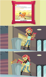 Size: 556x942 | Tagged: safe, edit, edited screencap, screencap, character:little strongheart, character:sunset shimmer, my little pony:equestria girls, exploitable meme, into the trash it goes, lies, meme, meta, op has a point, sunset's art critics, trash, twitter