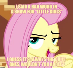 Size: 806x759 | Tagged: safe, edit, edited screencap, screencap, character:fluttershy, bedroom eyes, caption, female, image macro, meme, painfully innocent fluttershy, peeved, smugshy, solo, swearyshy, yellow text