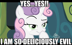 Size: 960x600 | Tagged: safe, edit, edited screencap, screencap, character:sweetie belle, episode:family appreciation day, g4, my little pony: friendship is magic, evil, female, hoof on chin, hub logo, image macro, scheming belle, smiling, smirk, solo