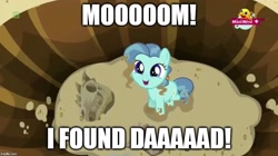 Size: 894x500 | Tagged: safe, edit, edited screencap, screencap, character:petunia paleo, species:earth pony, species:pony, episode:the fault in our cutie marks, g4, my little pony: friendship is magic, bone, caption, cute, dead, fossil, funny, image macro, implied murder, meme, minimini, petuniabetes, ponysaur, robot chicken, skull, solo