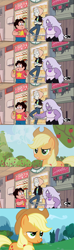 Size: 700x2374 | Tagged: safe, edit, edited screencap, screencap, character:applejack, spoilers for another series, amethyst (steven universe), apple juice, crossover, frown, juice, pearl (steven universe), screencap comic, smiling, steven quartz universe, steven universe