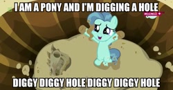 Size: 1365x709 | Tagged: safe, edit, edited screencap, screencap, character:petunia paleo, species:earth pony, species:pony, episode:the fault in our cutie marks, g4, my little pony: friendship is magic, bone, caption, cute, diggy diggy hole, dinosaur, female, filly, foal, fossil, image macro, meme, minimini, petuniabetes, ponysaur, sandbox, skull, solo, yogscast