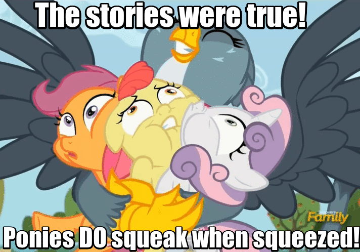 Size: 712x498 | Tagged: safe, edit, edited screencap, screencap, character:apple bloom, character:gabby, character:scootaloo, character:sweetie belle, species:griffon, species:pegasus, species:pony, episode:the fault in our cutie marks, g4, my little pony: friendship is magic, animated, bone-crushing snuggles, caption, cutie mark crusaders, gif, hug, image macro, meme, squeak, squishy cheeks