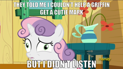 Size: 1920x1080 | Tagged: safe, edit, edited screencap, screencap, character:sweetie belle, episode:the fault in our cutie marks, g4, my little pony: friendship is magic, exploitable meme, faec, i didn't listen, image macro, meme
