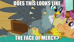 Size: 886x500 | Tagged: safe, edit, edited screencap, screencap, character:gabby, character:scootaloo, species:griffon, species:pegasus, species:pony, episode:the fault in our cutie marks, g4, my little pony: friendship is magic, face of mercy, grammar error, image macro, meme
