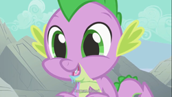 Size: 1366x768 | Tagged: safe, edit, edited screencap, screencap, character:spike, species:dragon, species:human, episode:a dog and pony show, g4, my little pony: friendship is magic, animation error, caption, drool, human blood, male, mlp-captions, solo, youtube caption