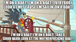 Size: 888x499 | Tagged: safe, edit, edited screencap, screencap, character:gabby, species:griffon, episode:the fault in our cutie marks, g4, my little pony: friendship is magic, caption, forced meme, gabby's shanty, i'm on a boat (the lonely island feat. t-pain), image macro, meme, saturday night live, the lonely island, vulgar