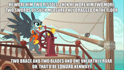 Size: 1920x1080 | Tagged: safe, edit, edited screencap, screencap, character:gabby, species:griffon, episode:the fault in our cutie marks, g4, my little pony: friendship is magic, assassin's creed, caption, edward kenway, gabby's shanty, image macro, meme, ship, solo