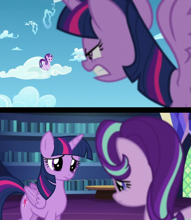 Size: 768x886 | Tagged: safe, edit, edited screencap, screencap, character:starlight glimmer, character:twilight sparkle, character:twilight sparkle (alicorn), species:alicorn, species:pony, species:unicorn, episode:the crystalling, episode:the cutie re-mark, g4, my little pony: friendship is magic, :c, angry, animated, blurry, book, cloud, cloudsdale, comparison, crouching, cute, female, fight, flying, gif, glare, glimmerbetes, gritted teeth, haiku, ladder, library, magic, mare, out of focus, sad, spread wings, table, twiabetes, twilight's castle, wings