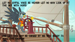 Size: 1920x1080 | Tagged: safe, edit, edited screencap, screencap, character:gabby, species:griffon, episode:the fault in our cutie marks, g4, my little pony: friendship is magic, caption, davy jones, gabby's shanty, kraken, lifejacket, meme, pirate ship, pirates of the caribbean, ship, solo, tentacles